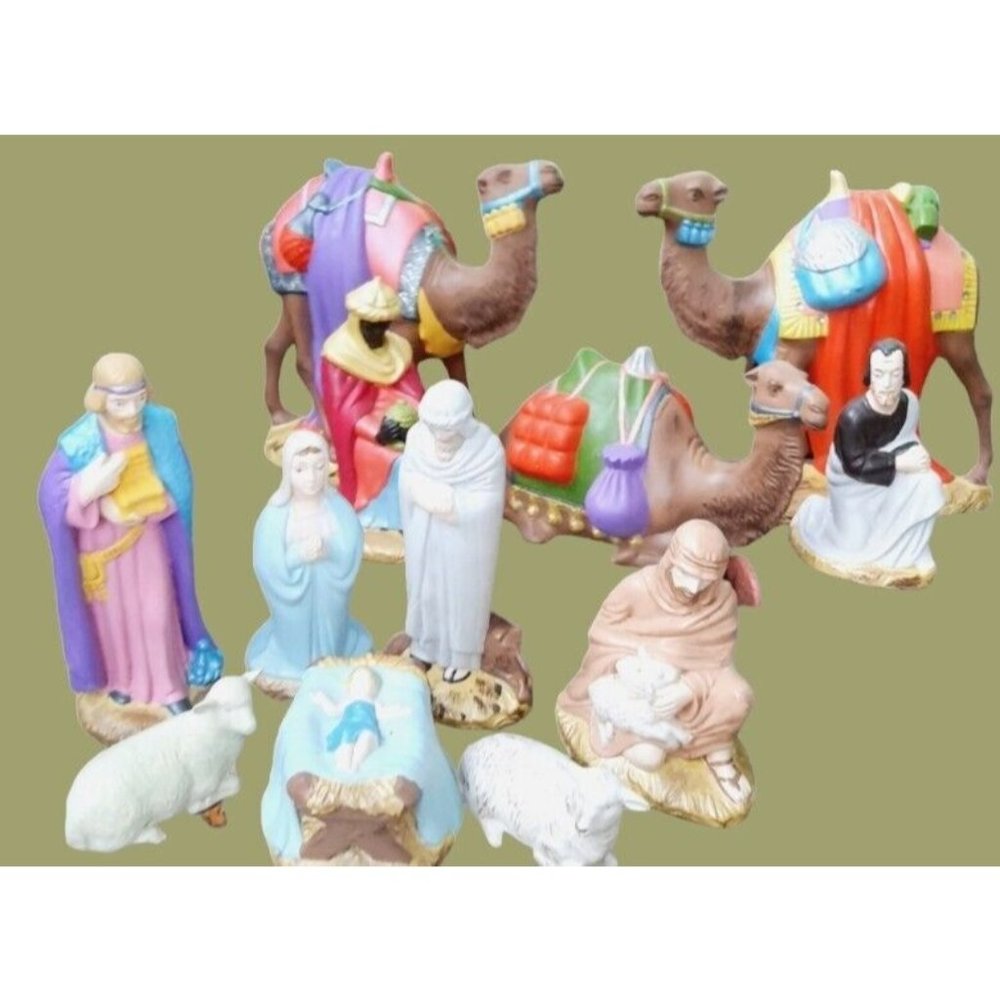 $hip~ LARGE Holland Mold 12 Piece Nativity Set Hand Painted Vtg 70s Bright Cam…